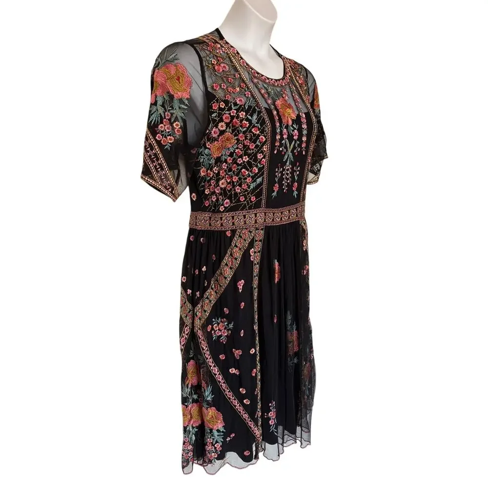 Sundance Roxanna Embroidered Mesh Dress Boho Fall Wedding Cocktail Dress size L